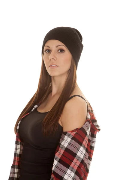 Mujer gorro lado mostrar hombro —  Fotos de Stock