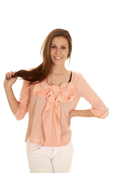 Camicia donna con grande fiocco tenere i capelli — Foto Stock