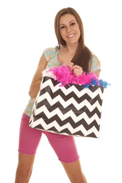 Woman shopping bag hold in front — Stock Photo, Image