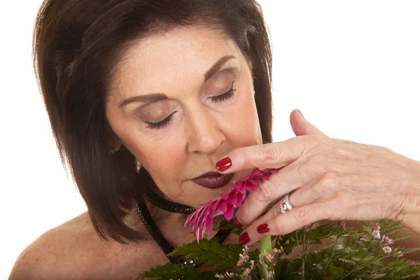 Woman with flower close smell — Stock Photo, Image