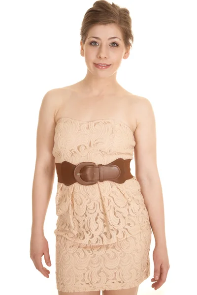 Woman tan dress belt front looking — Stock Photo, Image