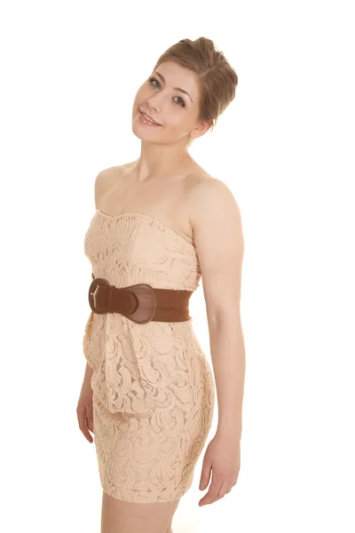Žena hnědé šaty pásu boční pohled — Stock fotografie
