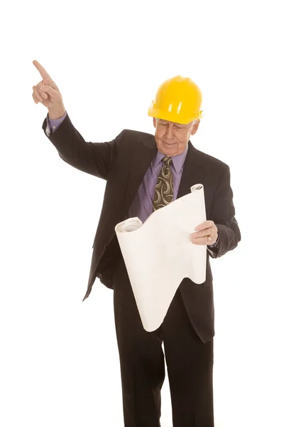 Elderly man suit hardhat plans point up — Stock Photo, Image