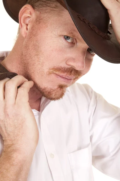 Cowboy chapéu colete na mão olhar sorriso — Fotografia de Stock