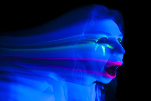 Woman black light ghost mouth open — Stock Photo, Image