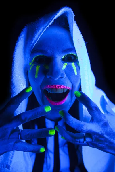 Woman black light towel mouth open — Stock Photo, Image
