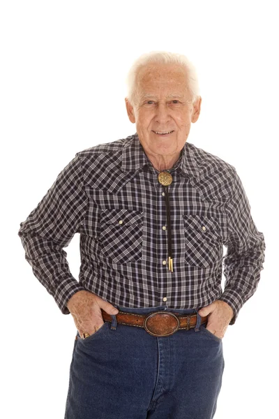 Yaşlı adam Batı kıyafetleri eller cepler — Stok fotoğraf