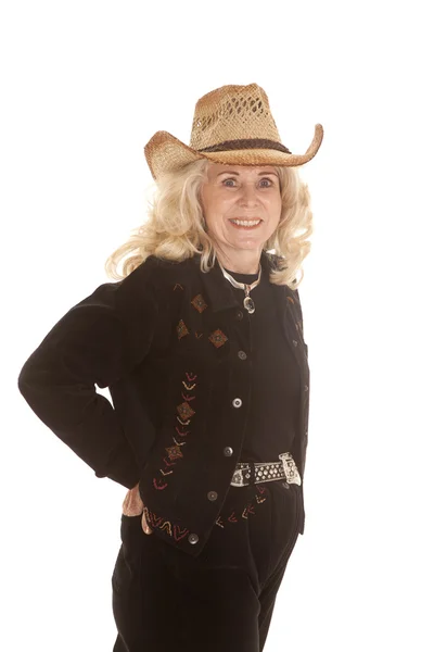 Äldre woma cowgirl ställning utseende — Stockfoto