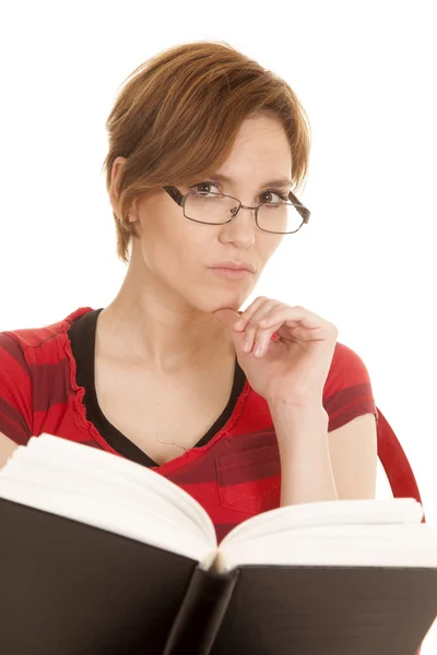 Latin woman red shirt book looking — Stock Photo, Image