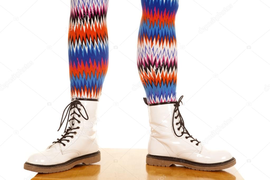 Legs colorful pattern white boots stand toes out