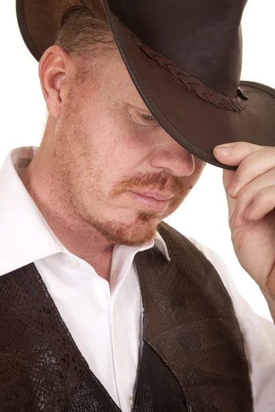 Cowboy close vest hat look down touch hat — Stock Photo, Image