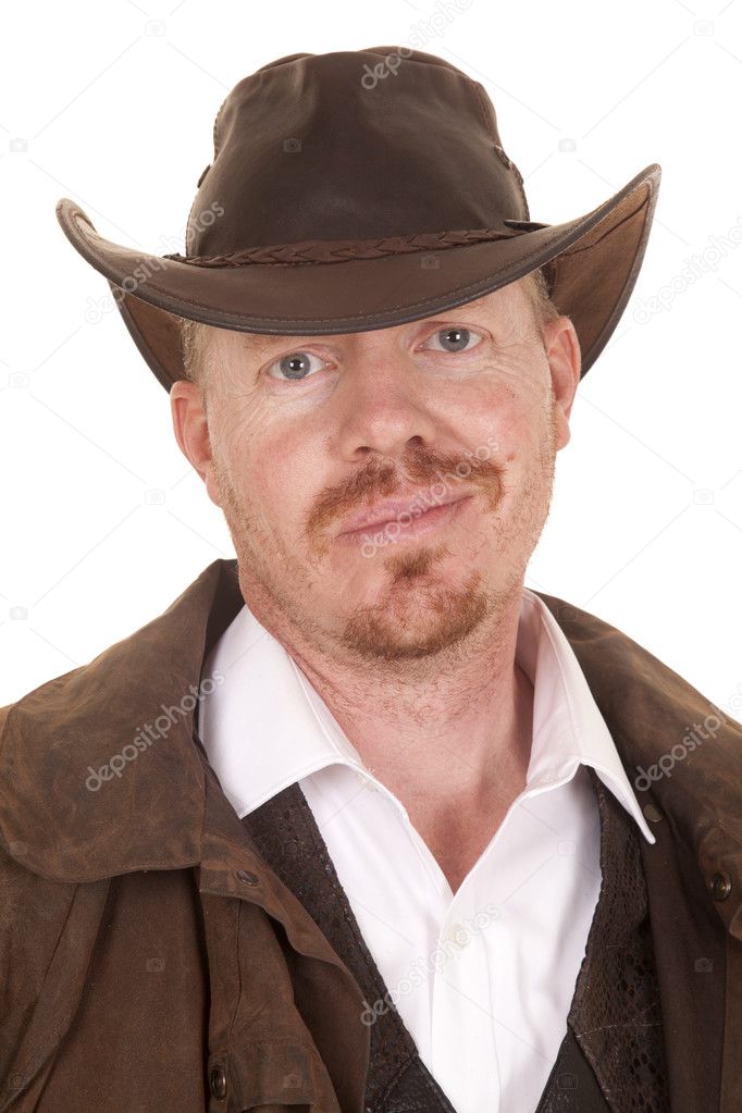 Cowboy leather coat hat smirk close