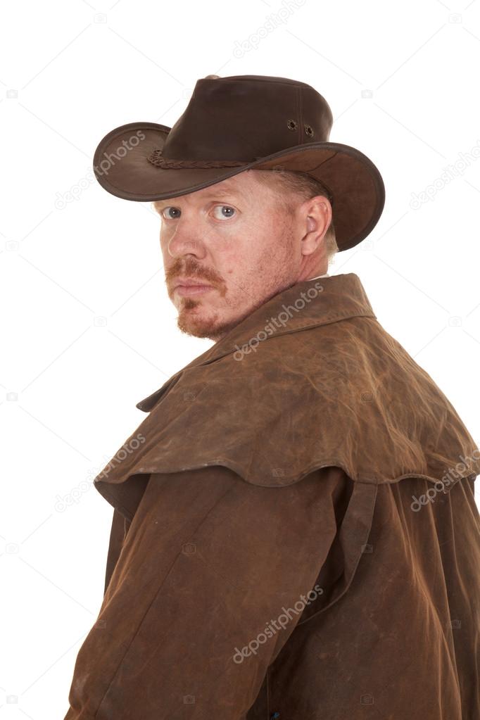Cowboy leather duster look back serious close