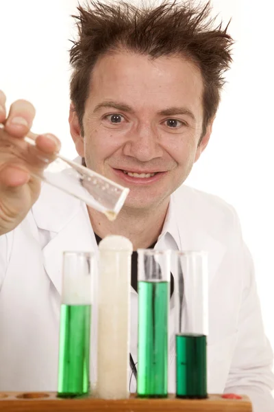 Man test tubes scientist pour close — Stock Photo, Image