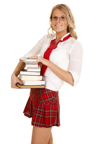 School girl stack of books smiling — Stock Photo, Image