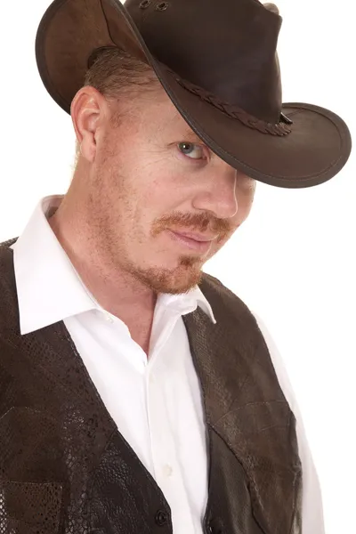 Cowboy chiudere gilet cappello guardare piccolo sorriso — Foto Stock
