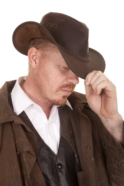 Cowboy leather coat hat close head look down — Stock Photo, Image