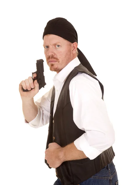 Man bandana gun side hold vest serious — Stock Photo, Image