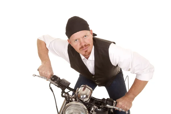 Man bandana motorcycle lean forward slight smile — Stock Photo, Image