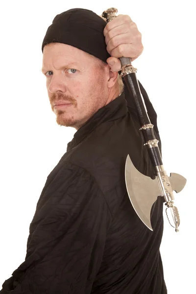 Man black bandana hatchet back serious — Stock Photo, Image