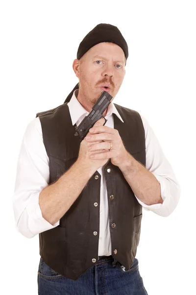 Man black bandana vest and gun blow — Stock Photo, Image