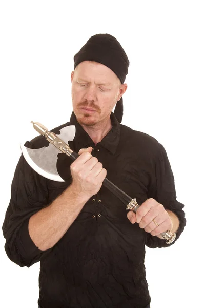 Man pirate hold axe look down — Stock Photo, Image