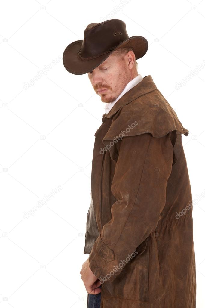 Cowboy leather duster look down side