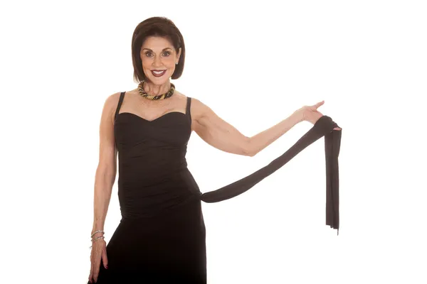 Older woman black dress hold tie — Stock Photo, Image