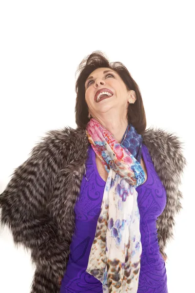 Woman purple shirt fur coat laugh — Stock Photo, Image