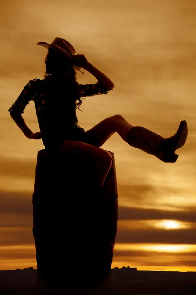 Silhouette cowgirl sur tonneau regarder côté — Photo