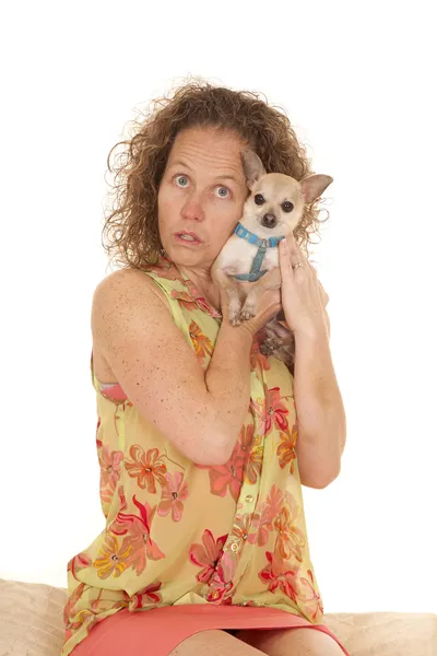 Woman  hug small dog — Stock Photo, Image