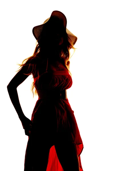 Silhueta mulher vestido chapéu de sol perto — Fotografia de Stock