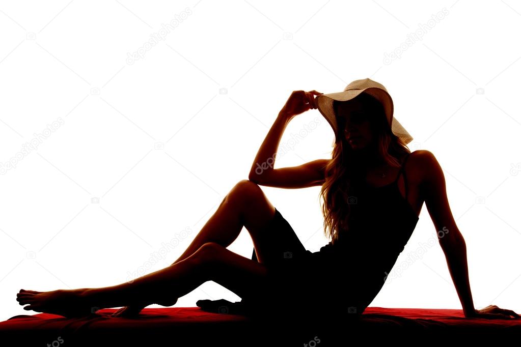 silhouette woman sun hat sit arm up