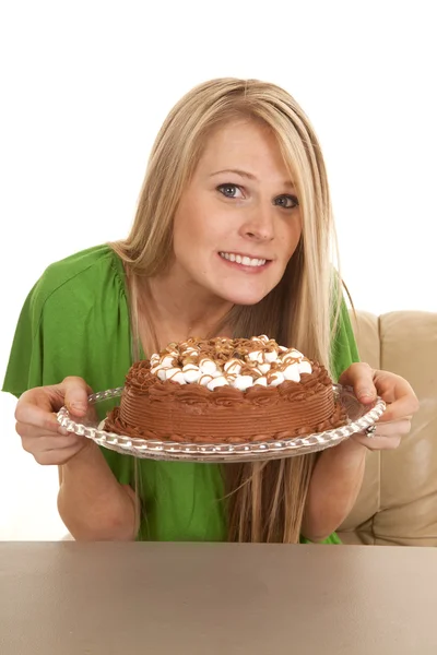 Woman green shirt with cank hold — Stock Photo, Image