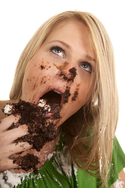 Woman green shirt with cake mess close look up — Stock Photo, Image