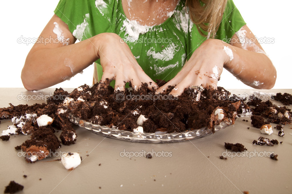 woman green shirt with cake messy body