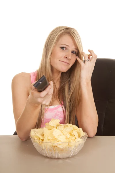 Woman pink tank top chips remote smirk — Stock Photo, Image