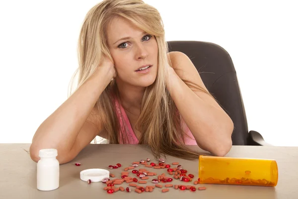 Woman pink tank top pills stress — Stock Photo, Image