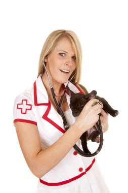 Hemşire ile küçük köpek tutmak stetoskop gülümseme