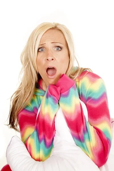 Woman blond pillow sit scared — Stock Photo, Image