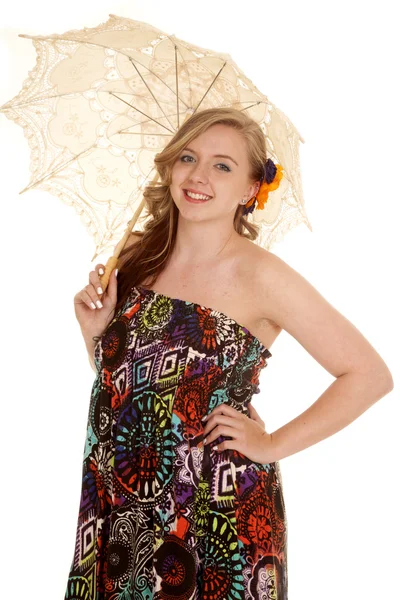 Woman in colorful dress with umbrella — Stock Photo, Image