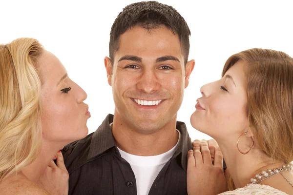 Two women ready to kiss man close big smile — Stock Photo, Image