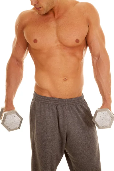 Man no shirt weights close showing chin and nose — Stock Photo, Image