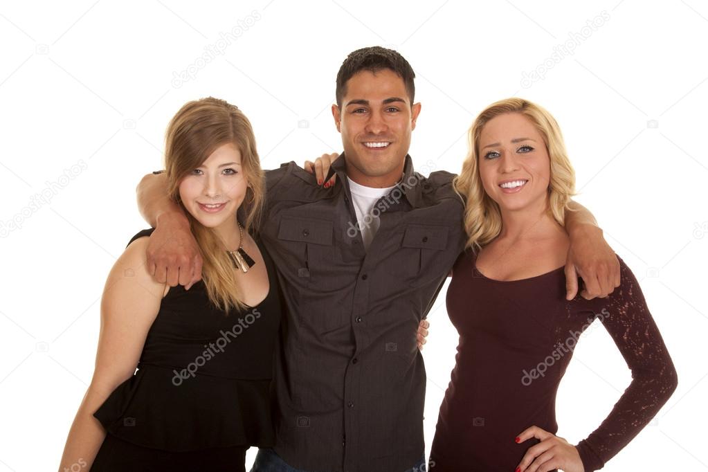 man between two women arms around