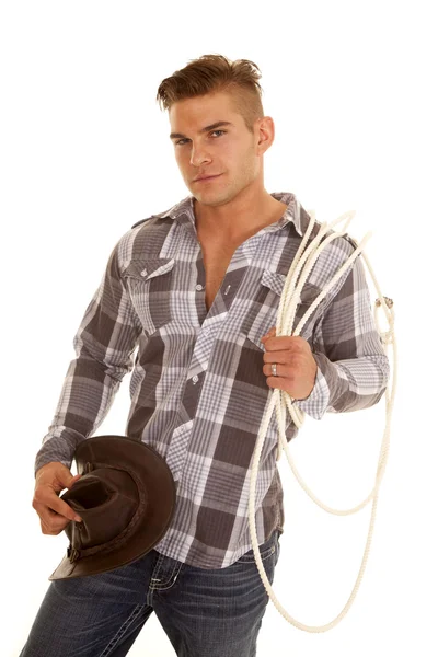 Homme plaid shir corde chapeau occidental regarder sourire — Photo