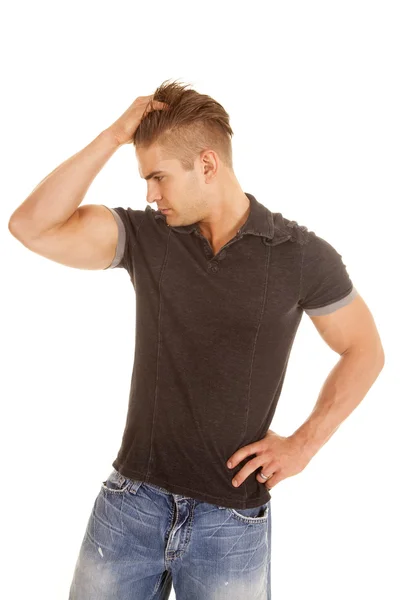 Man short sleeve gray shirt hand hair — Stock Photo, Image