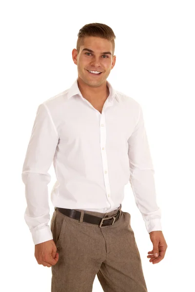 Hombre blanco vestido camisa stand gran sonrisa —  Fotos de Stock