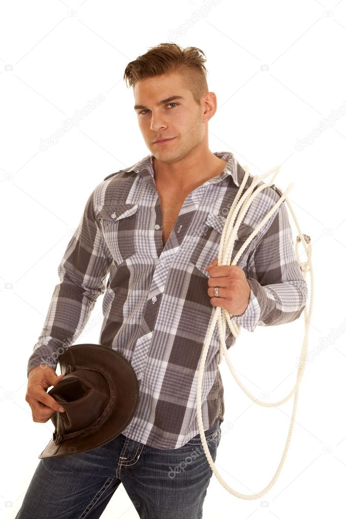 man plaid shir rope western hat look smile