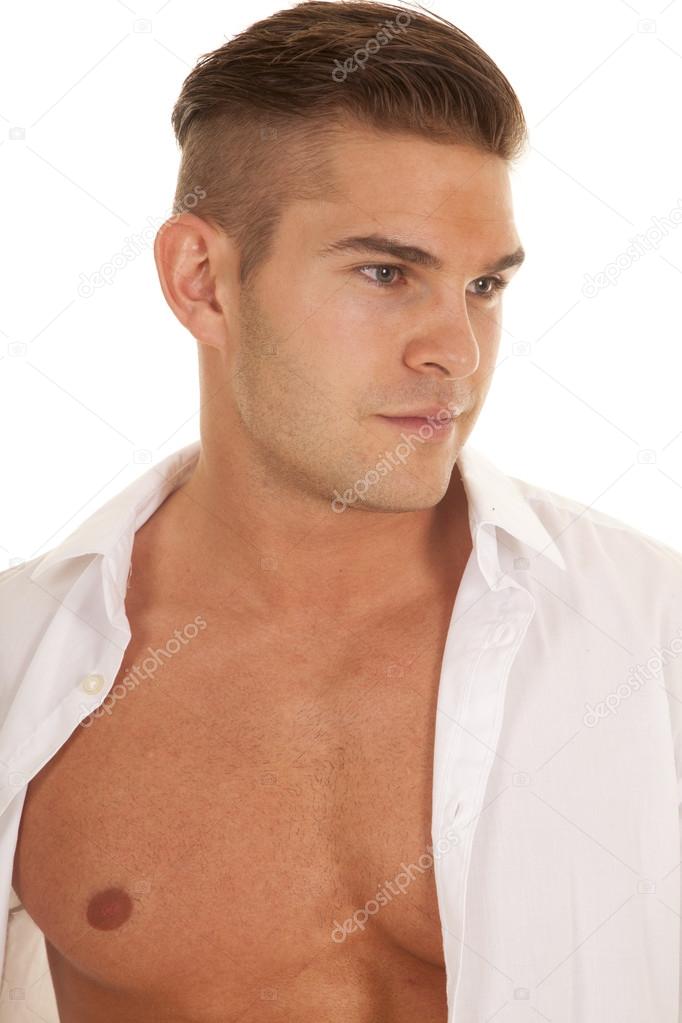 Man white dress shirt unbuttoned close look to side — Stock Photo