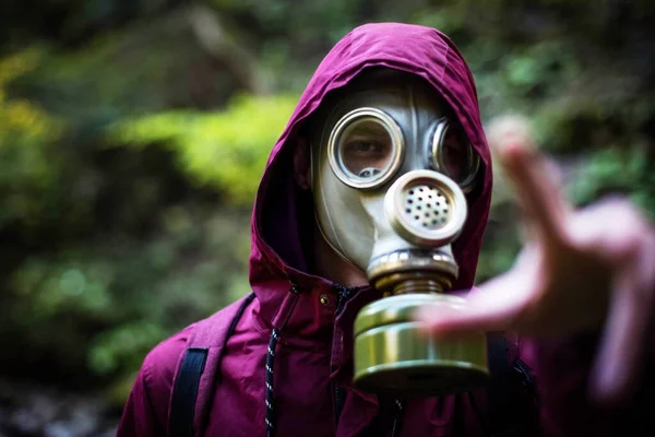 生态多样性 戴防毒面具的末日后幸存者森林里的人 — 图库照片